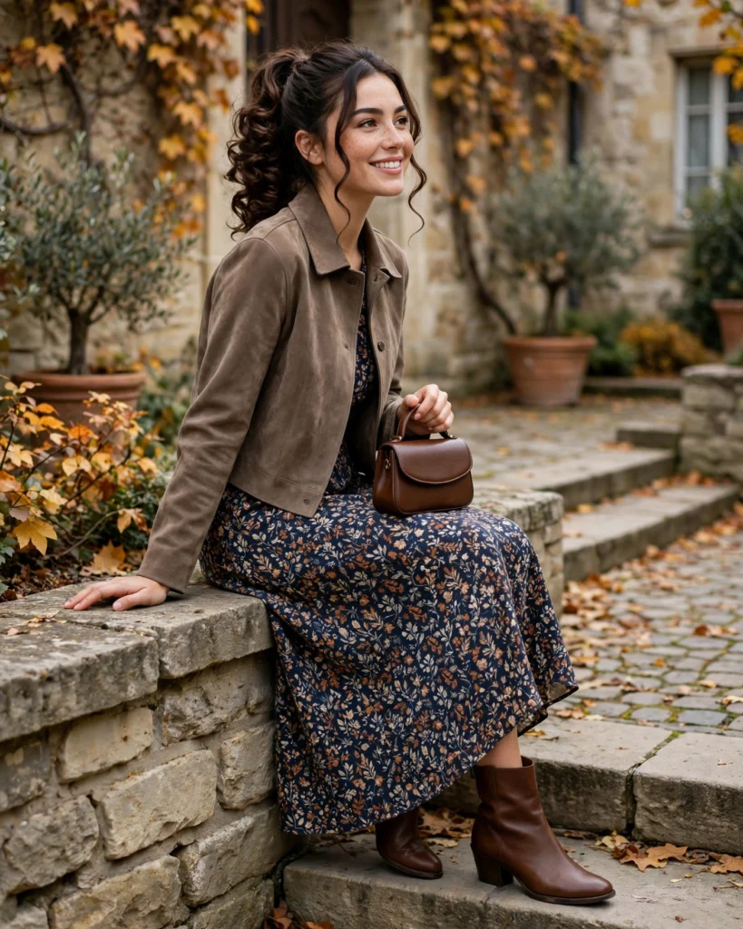 21 Nice Fall Outfits for 2026: Chic, Classy & Effortless Looks 12 Taupe Suede Jacket with a Printed Midi Dress Nice Fall Outfit