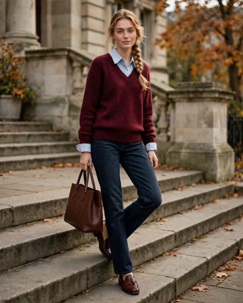 V-Neck Sweater with a Collared Shirt Fall Sweater Outfit