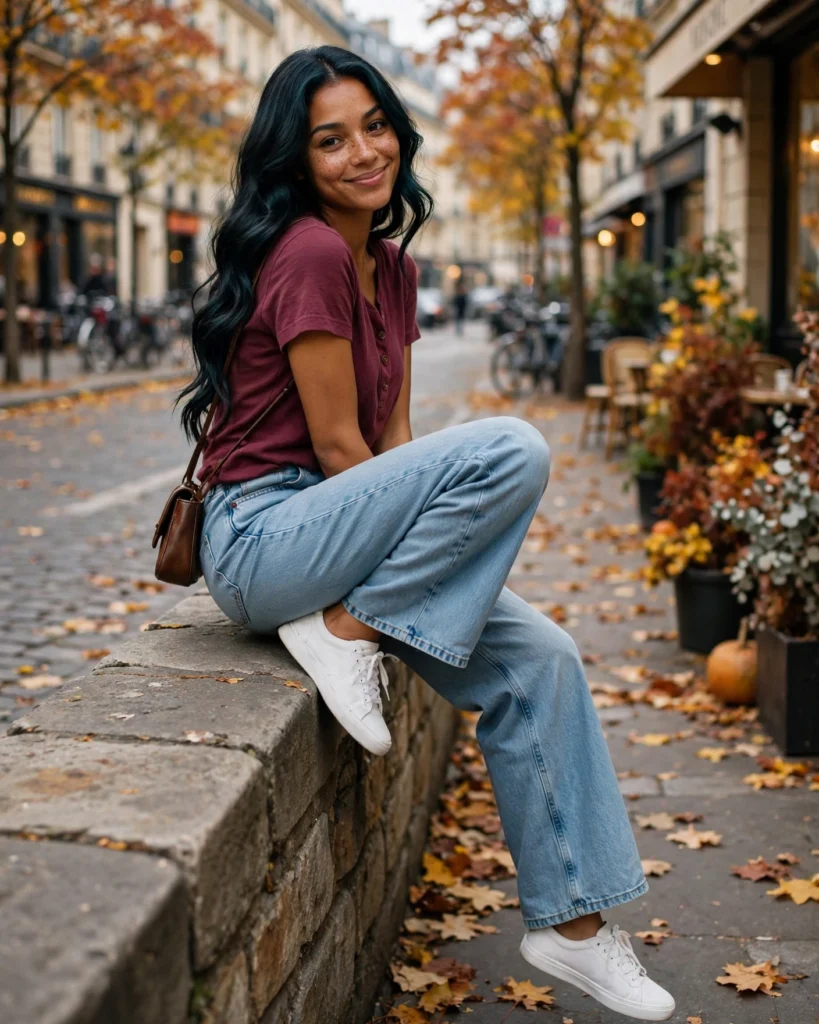 Wide-Leg Jeans with a Soft Henley Top Casual Fall Outfit