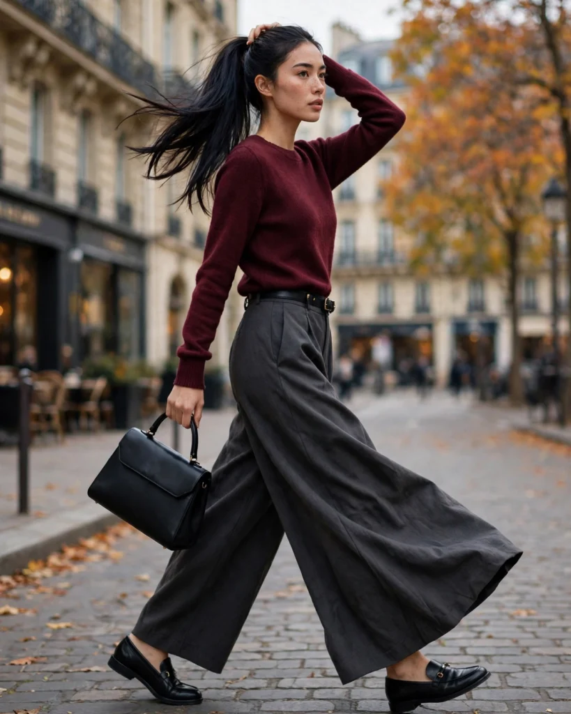 Wide-Leg Trousers with a Fine-Knit Sweater Simple Fall Outfit