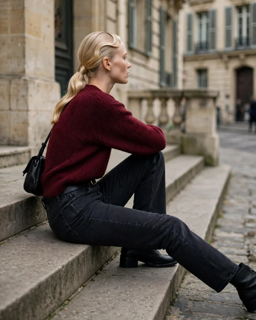 Black Jeans with a Burgundy Sweater Fall Jeans Outfit