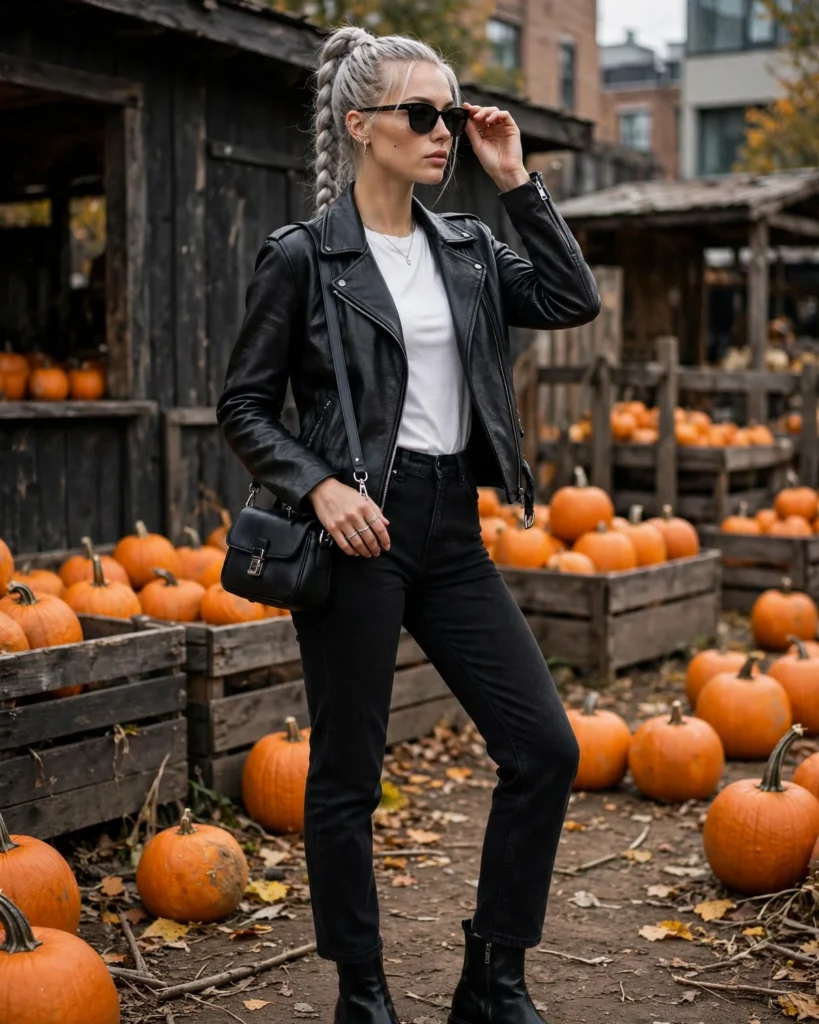Black Jeans with a Leather Jacket Pumpkin Patch Outfit with Jeans