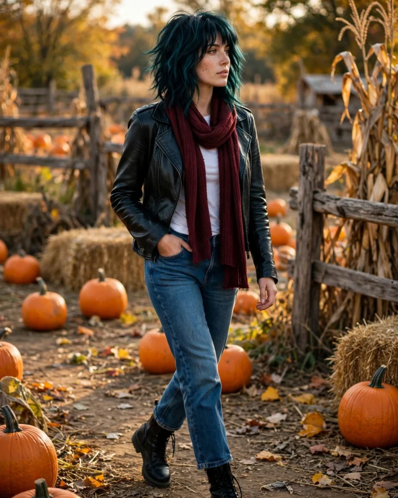 21 Pumpkin Patch Outfits with Black Boots: Cute & Chic Fall Looks 14 Black Leather Jacket with Straight-Leg Jeans Pumpkin Patch Outfit with Black Boots