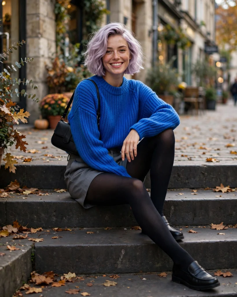 21 Nice Fall Outfits for 2026: Chic, Classy & Effortless Looks 13 Cobalt Blue Sweater with Gray Tailored Shorts and Tights Nice Fall Outfit