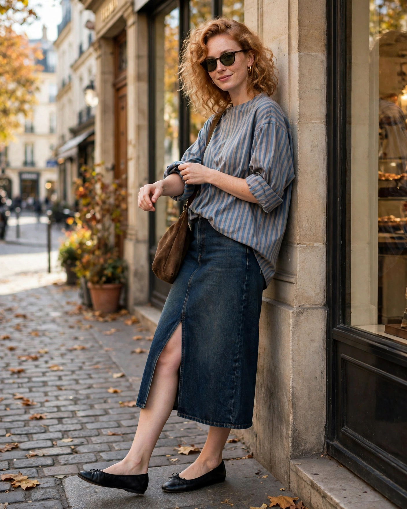 20 Midi Skirt Fall Outfits: Chic and Effortless Looks to Try 14 Denim Midi Skirt with an Oversized Button-Up Midi Skirt Fall Outfit