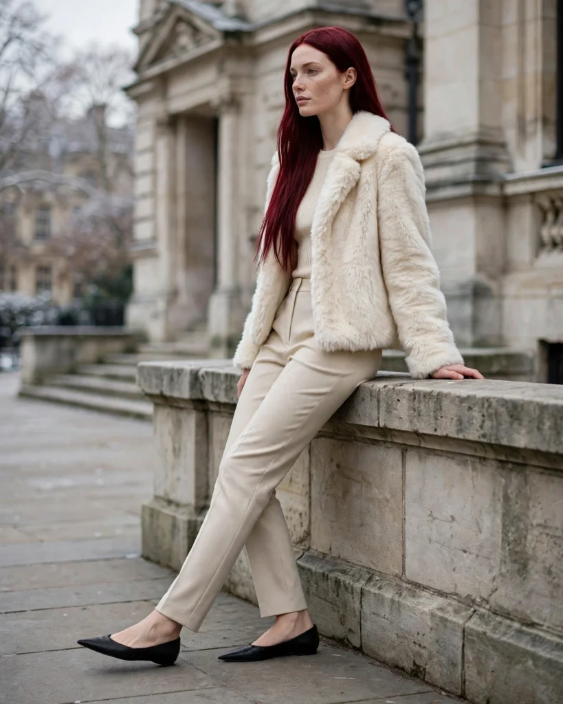 Faux-Fur Jacket with Tailored Pants Fall to Winter Outfit