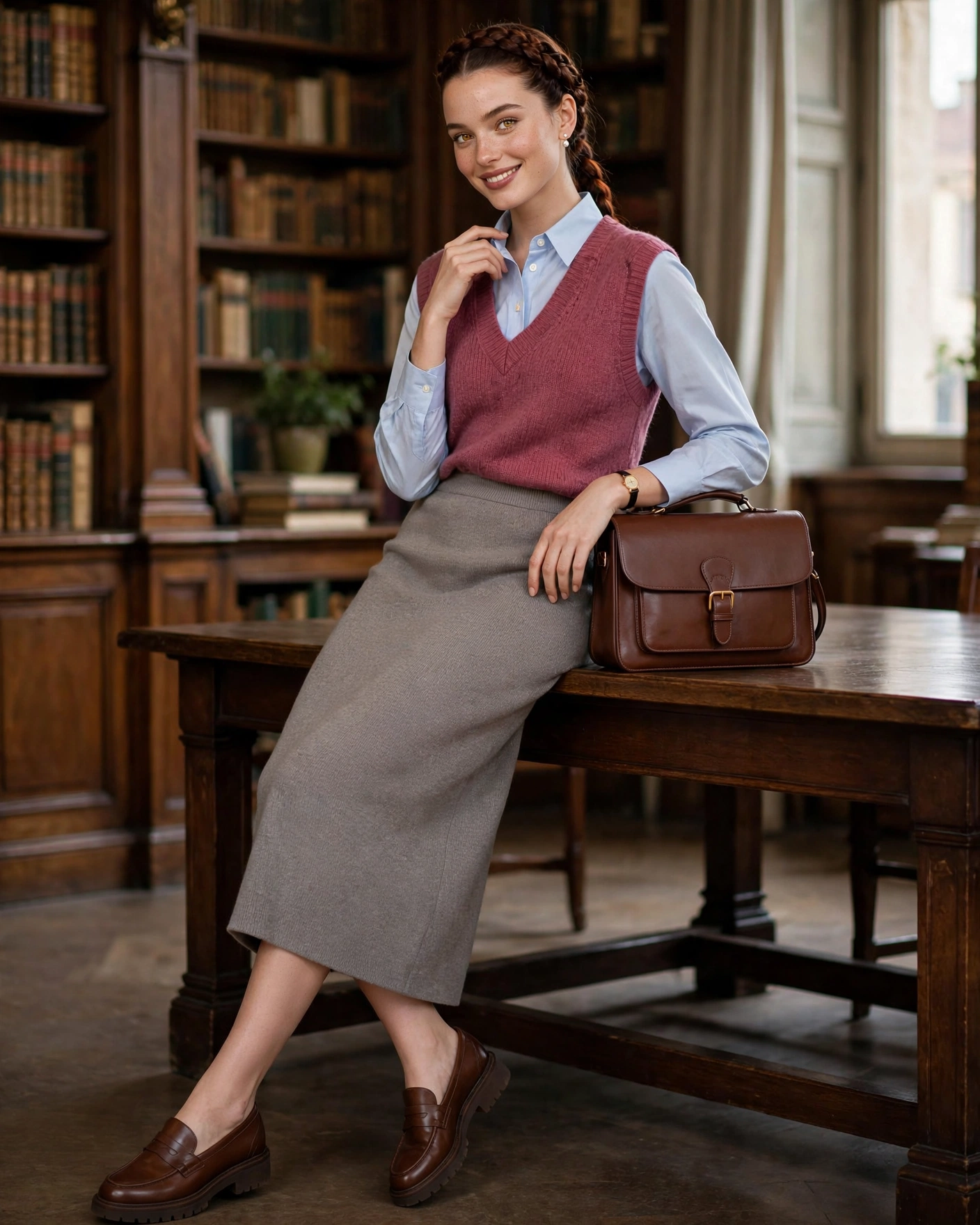 20 Knit Skirt Outfits for Fall: Cozy and Chic Looks to Try 14 Knit Midi Skirt with a Sweater Vest and Shirt Layer Knit Skirt Fall Outfit