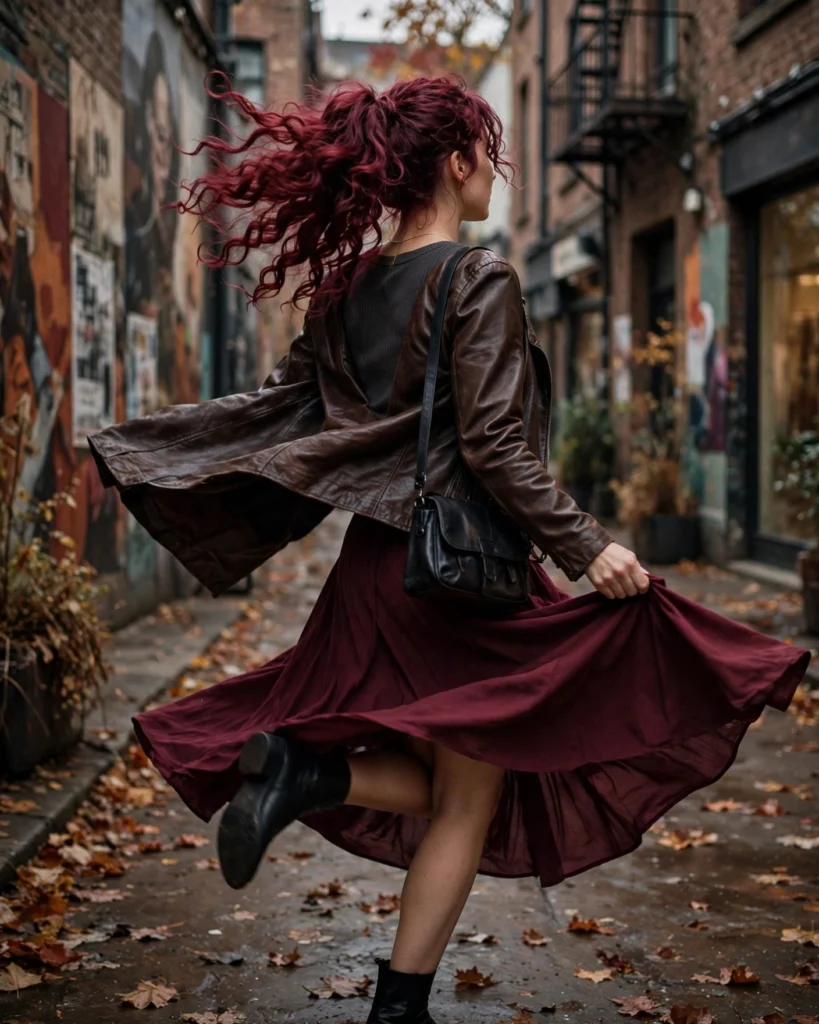 Leather Jacket with a Ribbed Top and Midi Skirt Cozy Autumn Outfit