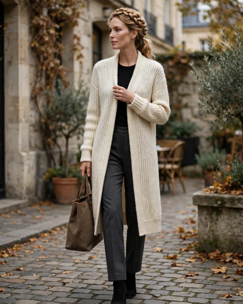 Long Cardigan with Straight-Leg Trousers Fall Outfit for Women in Their 30s