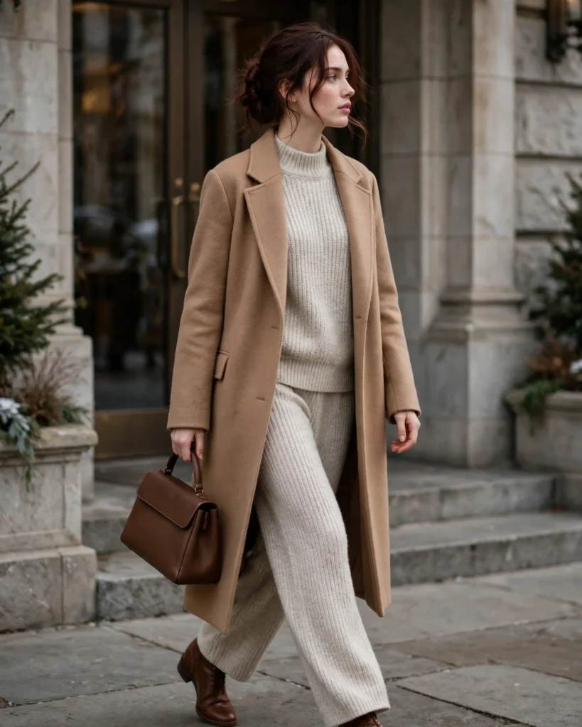 21 Winter Going Out Outfits: Chic Looks for Cold Nights 14 Matching Knit Set with a Long Coat Winter Going Out Outfit