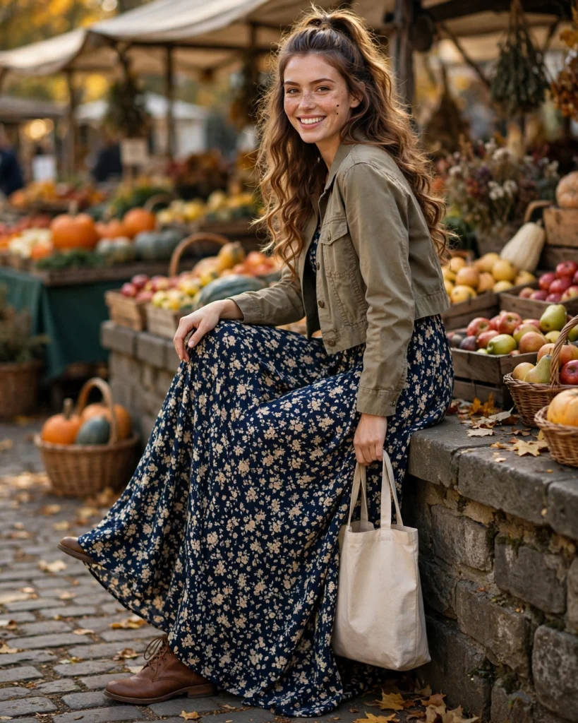 22 Modest Fall Outfits: Elegant and Chic Looks for Every Occasion 14 Flowing Maxi Dress with a Cropped Utility Jacket Modest Fall Outfit