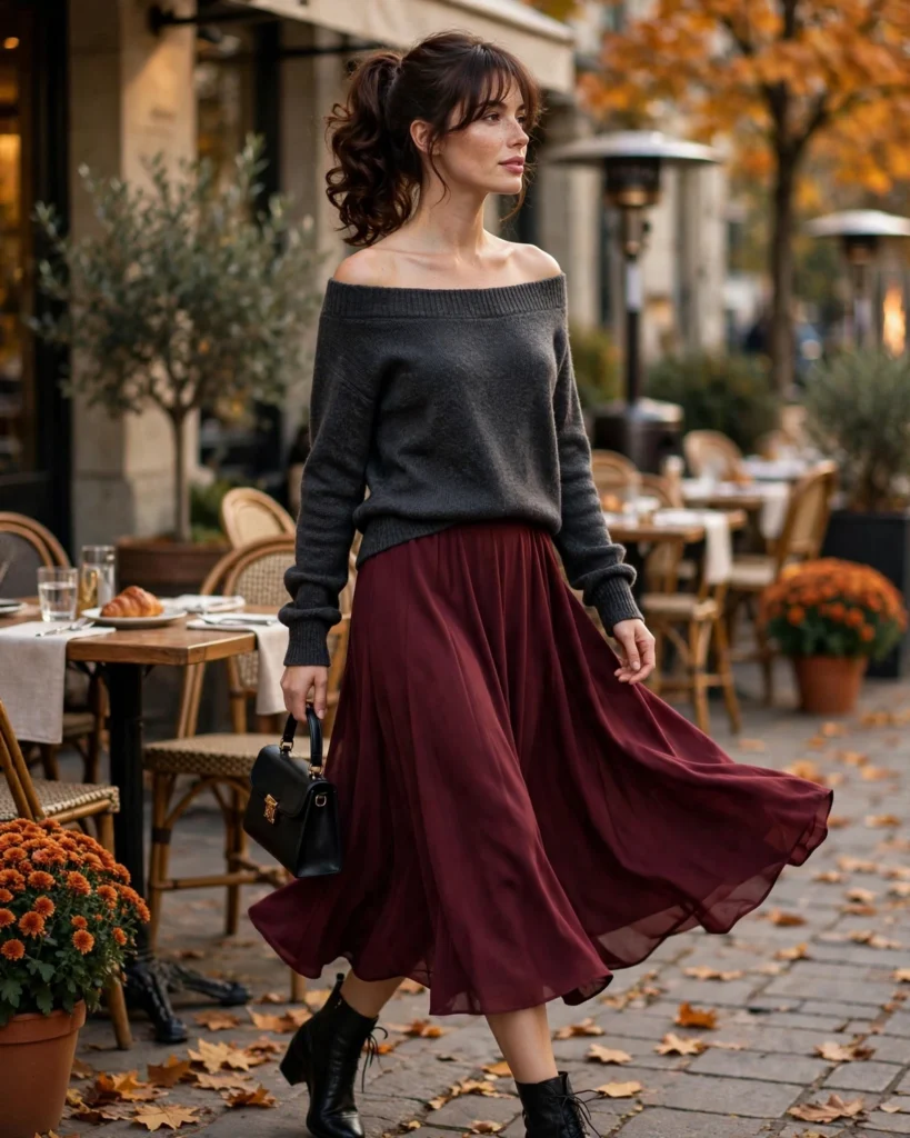 Off-Shoulder Sweater with a Midi Skirt Fall Sweater Outfit