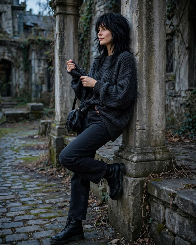 21 Haunted House Outfits for Women: Cute, Spooky & Comfortable Ideas 13 Oversized Sweater with Combat Boots Haunted House Outfit