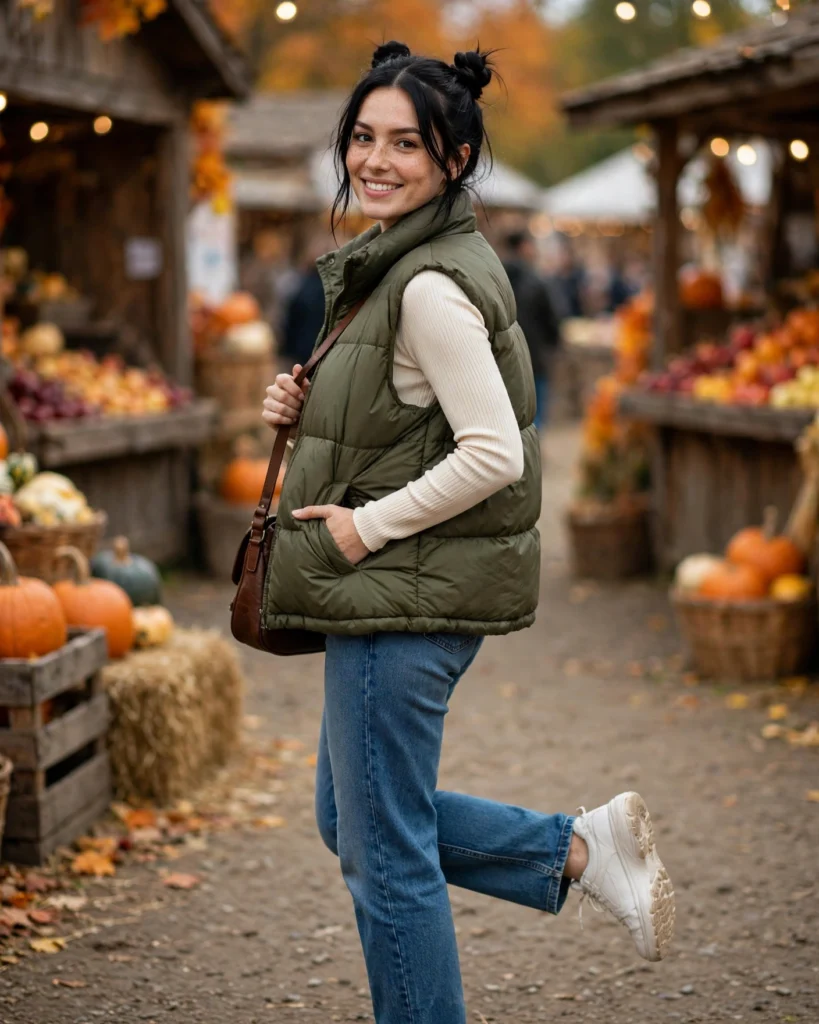 21 Fall Festival Outfits for Women: Cute & Chic Looks for Autumn 14 Puffer Vest with Jeans and Sneakers Fall Festival Outfit