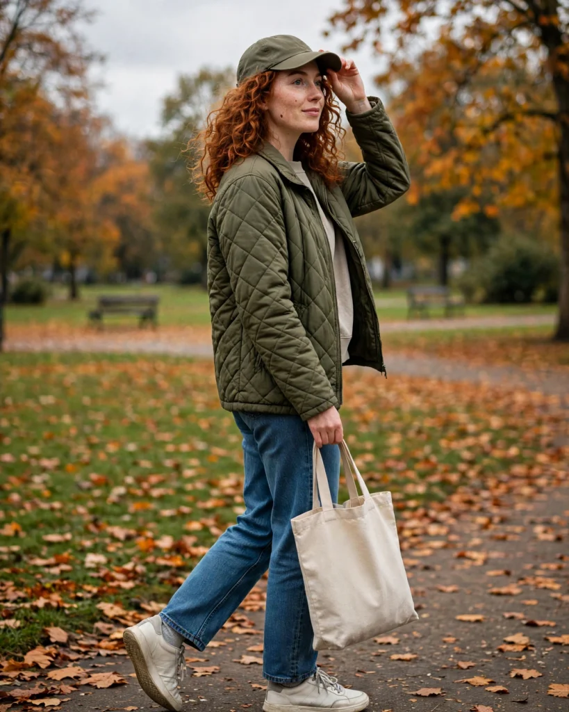 Quilted Jacket with a Sweatshirt and Jeans Simple Fall Outfit