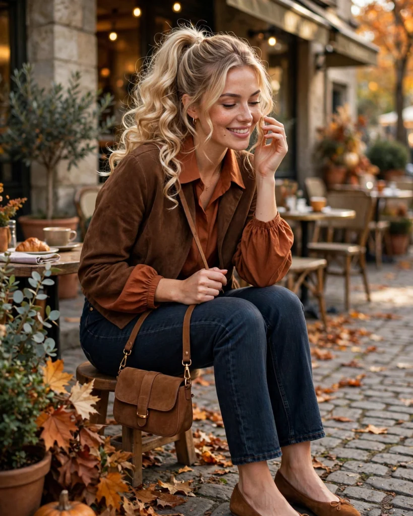 21 Must-Have Fall Outfits: Chic Looks to Wear All Season 14 Rust Blouse with Dark Denim and Suede Flats Must-Have Fall Outfit