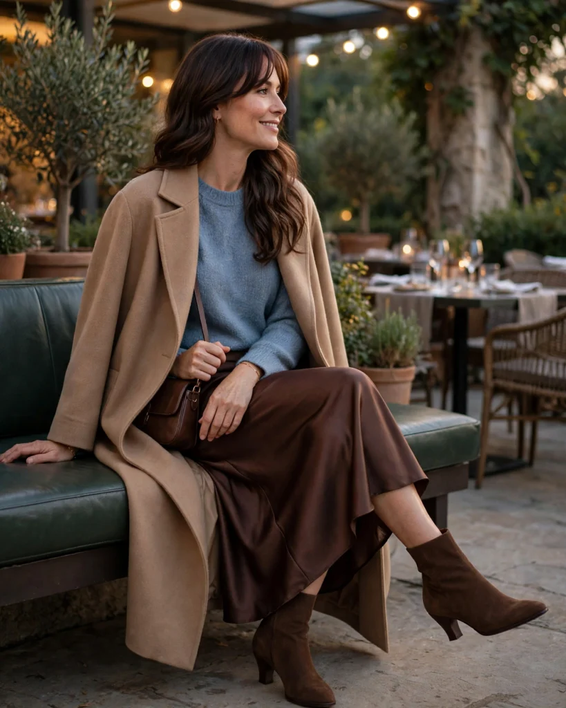 20 Fall Mom Outfits 2026: Cozy, Chic & Casual Ideas 14 Casual Dinner Outfit with a Satin Skirt and Soft Sweater Fall Mom Outfit