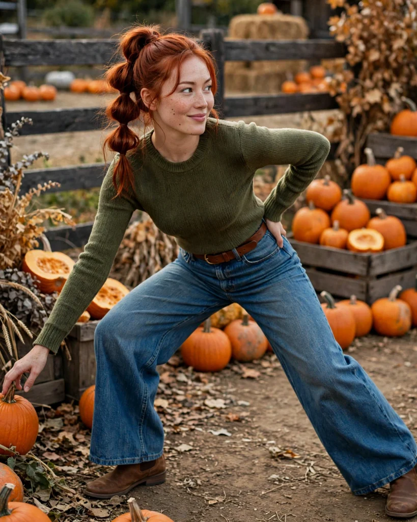 Wide-Leg Jeans with a Fitted Knit Top Pumpkin Patch Outfit