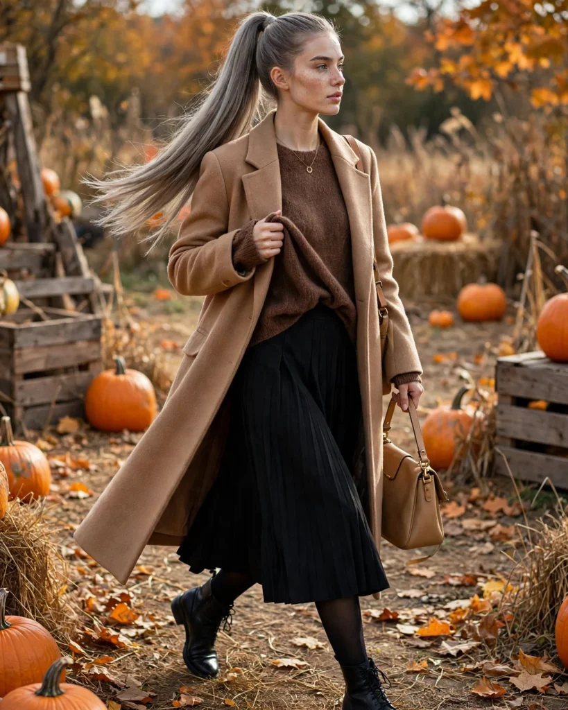 21 Pumpkin Patch Outfits with Black Boots: Cute & Chic Fall Looks 15 Brown Sweater with a Black Midi Skirt Pumpkin Patch Outfit with Black Boots