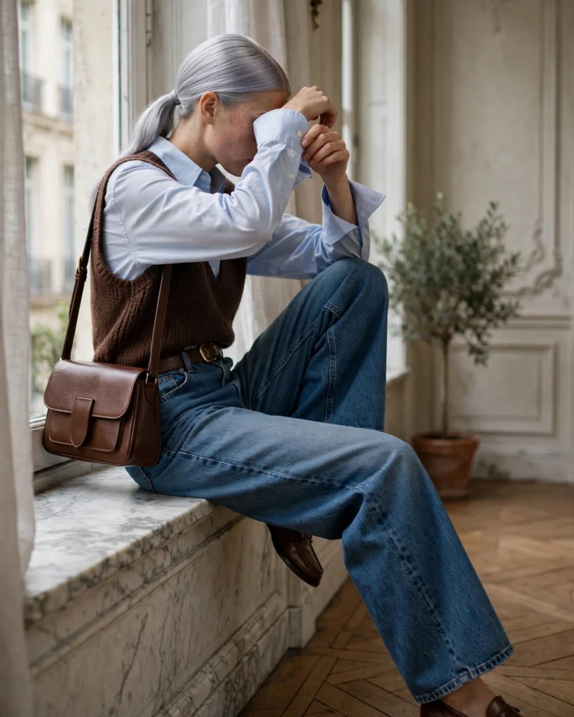 Button-Down Shirt with a Knit Vest and Wide-Leg Jeans Cozy Autumn Outfit