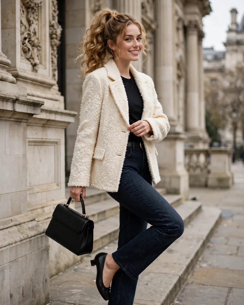 21 Nice Fall Outfits for 2026: Chic, Classy & Effortless Looks 14 Cream Bouclé Jacket with Dark Denim Nice Fall Outfit