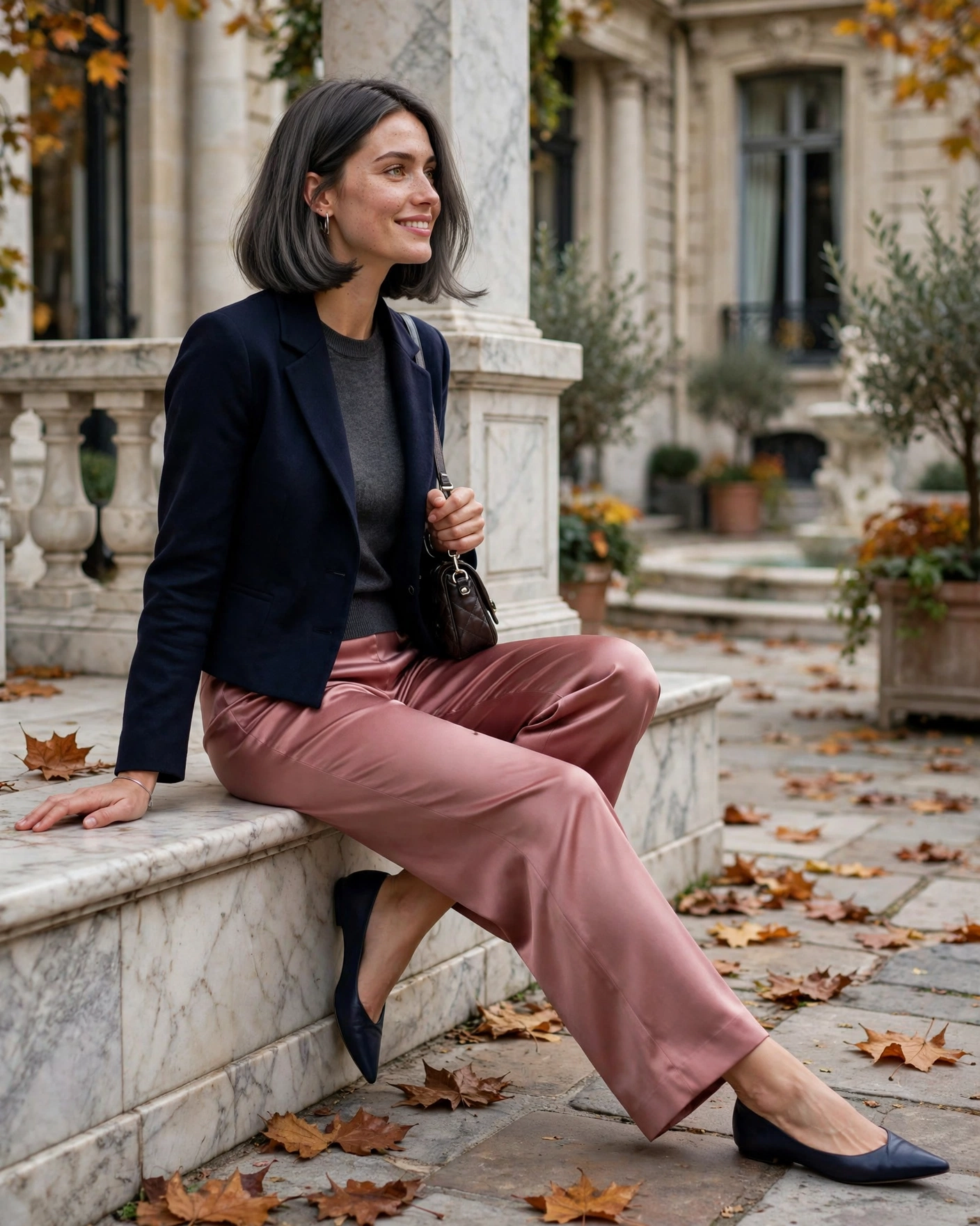 22 Classy Fall Outfits for Women: Elegant Looks to Wear This Season 15 Cropped Blazer with a Satin Trouser Classy Fall Outfit