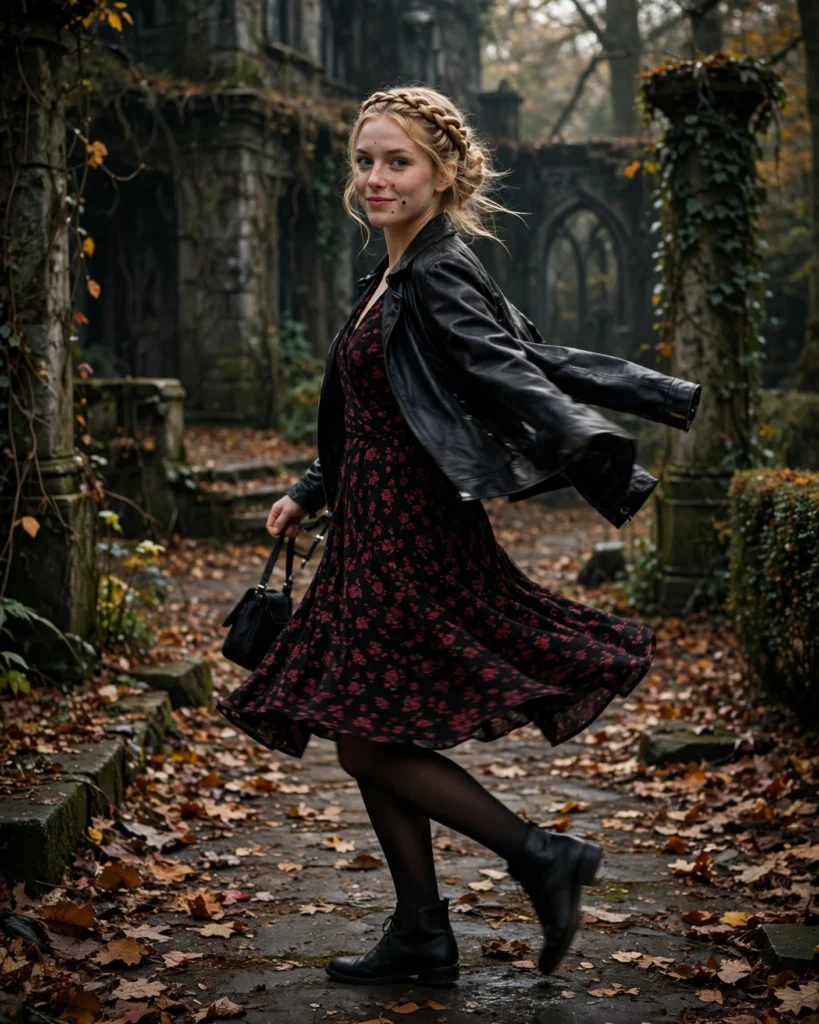 21 Haunted House Outfits for Women: Cute, Spooky & Comfortable Ideas 14 Dark Floral Dress with a Leather Jacket Haunted House Outfit