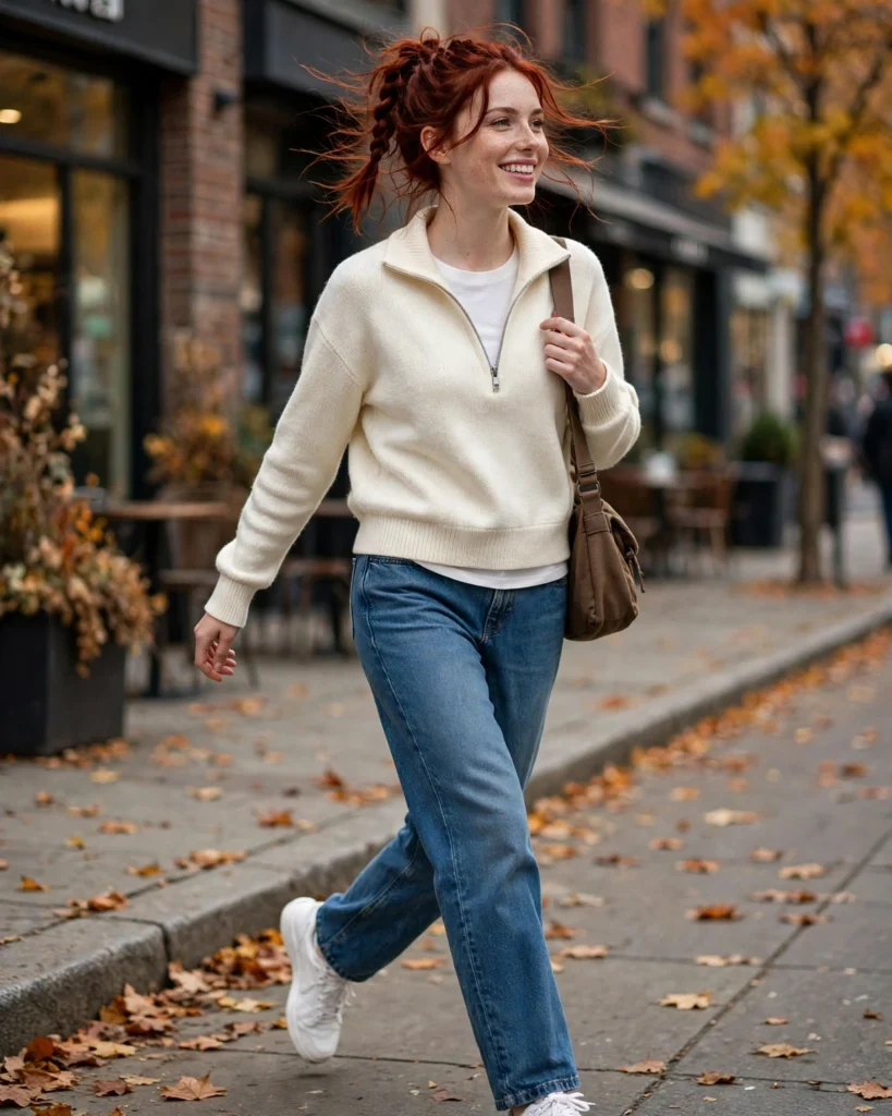 Half-Zip Sweater with Relaxed Jeans Fall Sweater Outfit