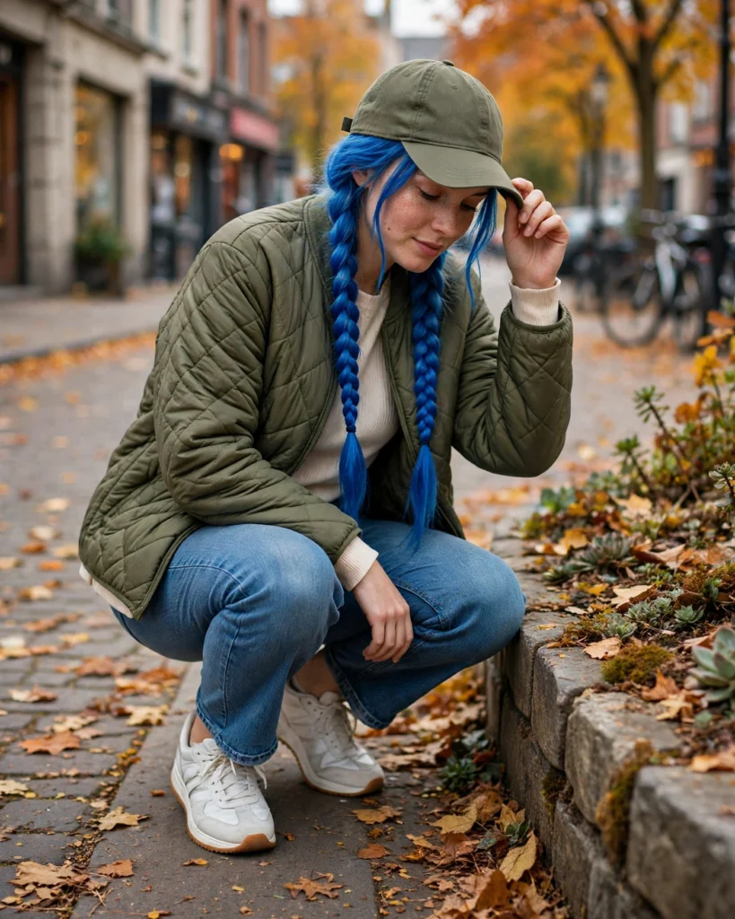 Jeans with a Quilted Jacket and Sneakers Fall Jeans Outfit