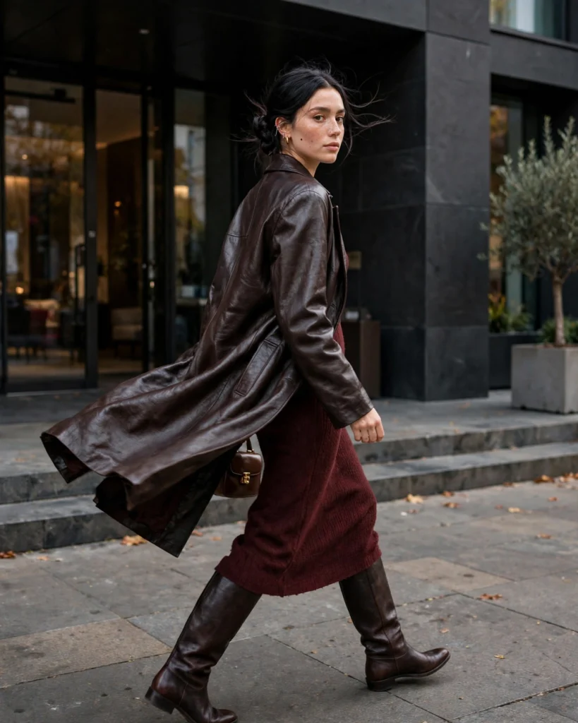 Leather Coat with a Knit Midi Dress Fall Coat Outfit