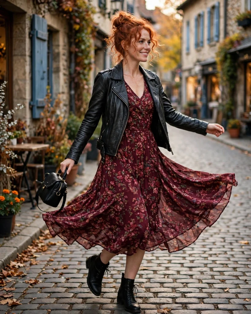 Leather Jacket with a Midi Dress Fall Outfit for Women in Their 30s
