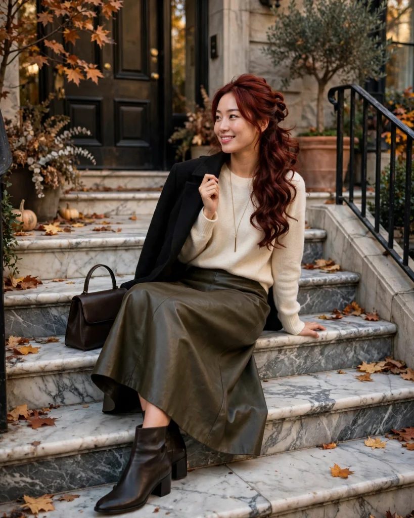 21 Must-Have Fall Outfits: Chic Looks to Wear All Season 15 Leather Midi Skirt with a Soft Cashmere-Feel Sweater Must-Have Fall Outfit
