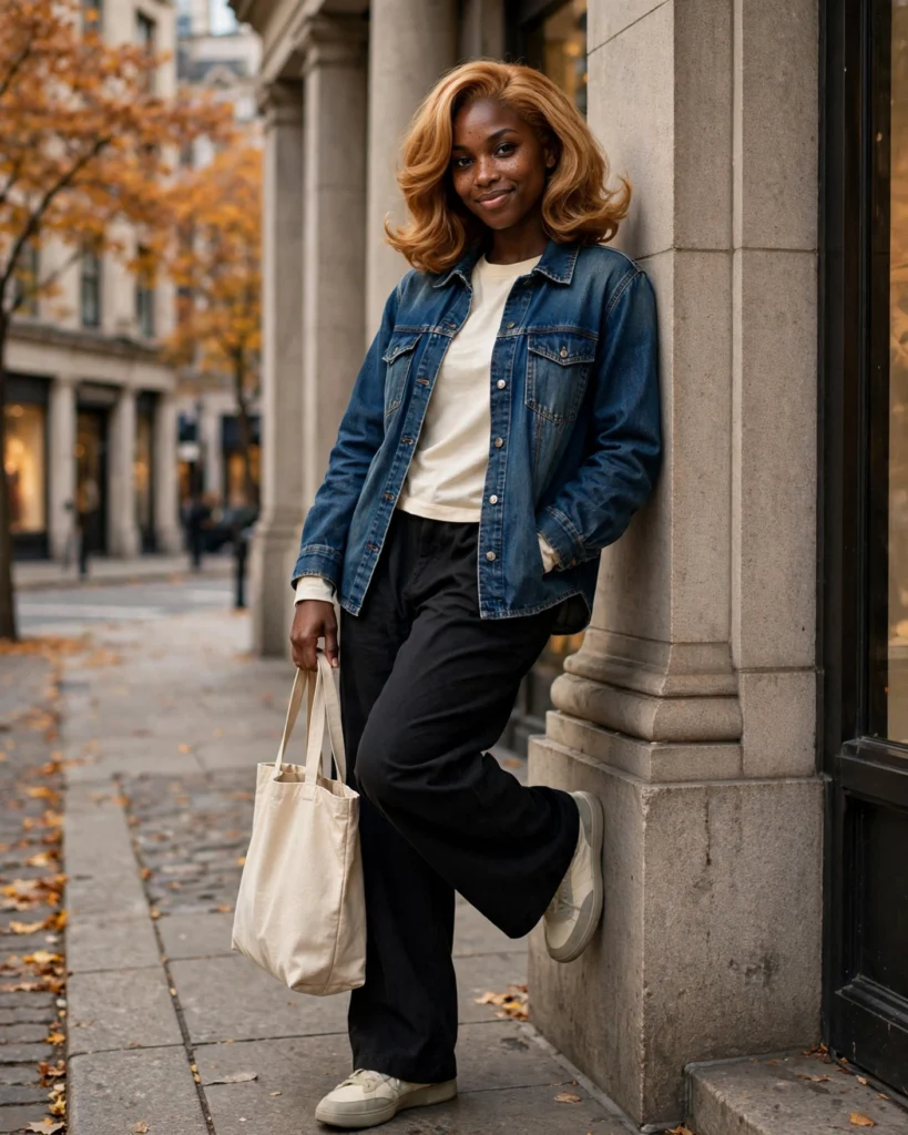 Long-Sleeved Tee with a Denim Shirt Jacket Casual Fall Outfit