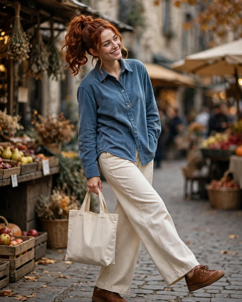 Market Visit Outfit with a Corduroy Shirt and Wide-Leg Pants Fall Travel Outfit