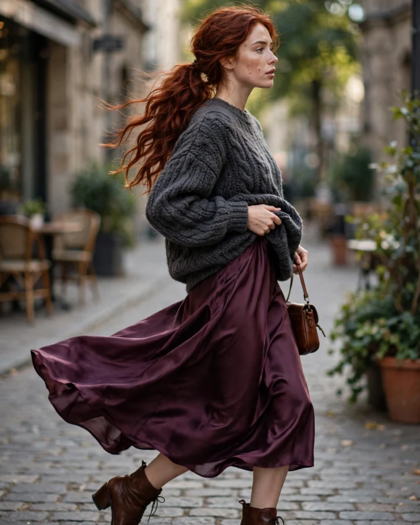 Satin Midi Skirt with a Chunky Sweater Simple Fall Outfit