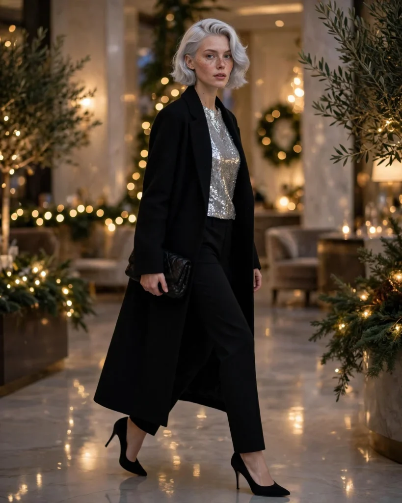 21 Winter Going Out Outfits: Chic Looks for Cold Nights 15 Sequin Top with Black Trousers Winter Going Out Outfit