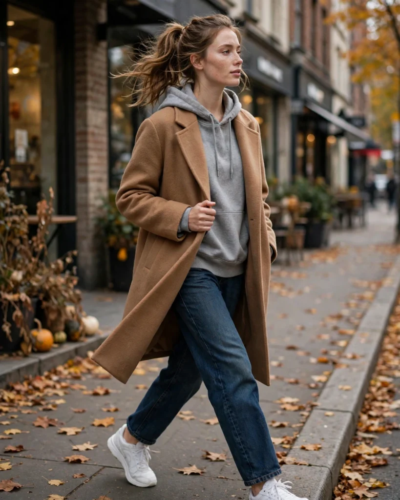 Wool Coat with a Hoodie and Relaxed Jeans Fall to Winter Outfit