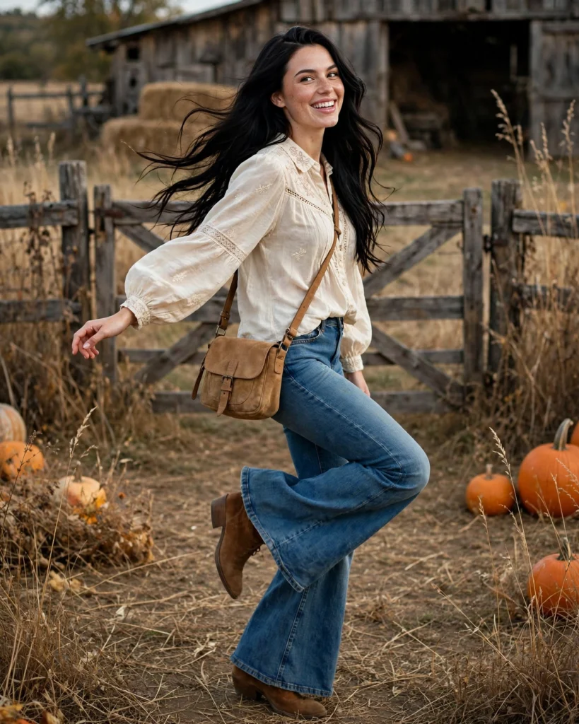 Boho Blouse with Flared Jeans Pumpkin Patch Outfit