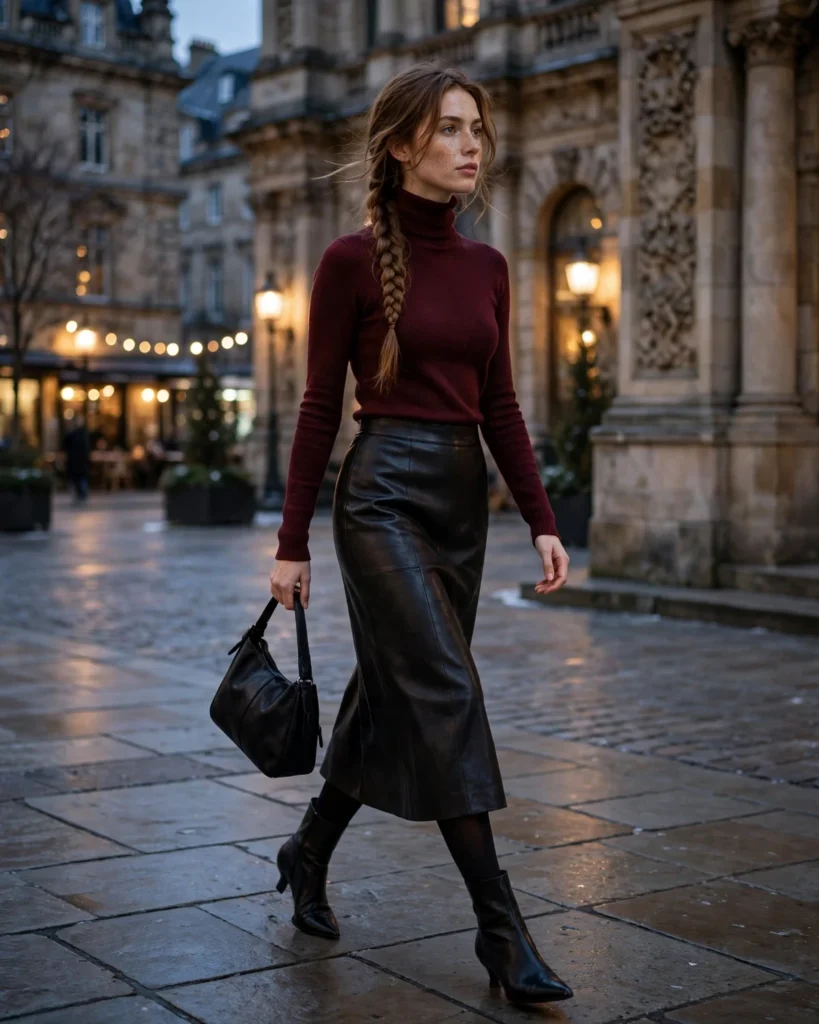 21 Winter Going Out Outfits: Chic Looks for Cold Nights 16 Burgundy Sweater with a Black Leather Skirt Winter Going Out Outfit