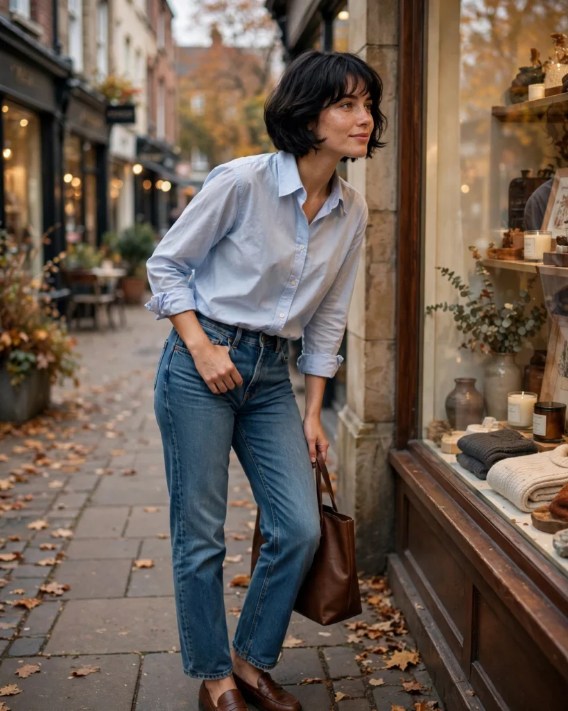 Button-Down Shirt with Straight-Leg Jeans Simple Fall Outfit