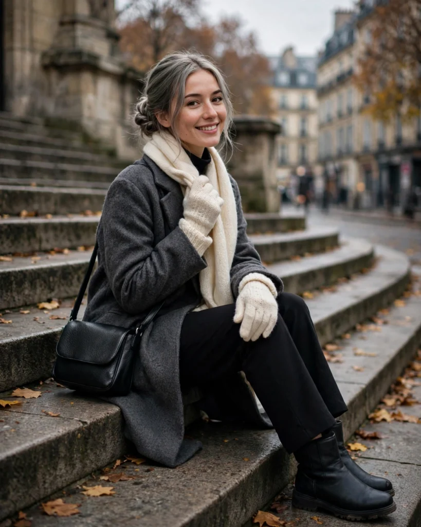 Cold-Weather Travel Outfit with a Wool Coat and Thermal Layers Fall Travel Outfit