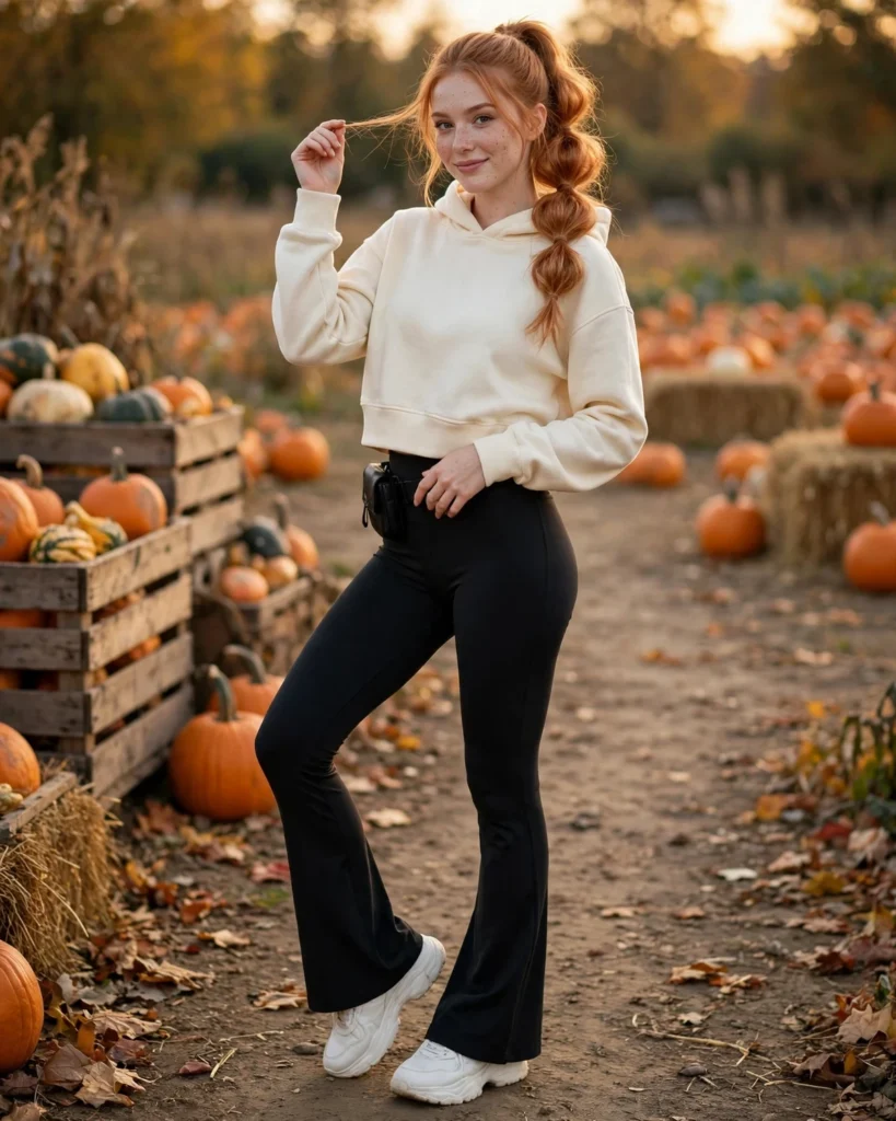 21 Casual Pumpkin Patch Outfits: Cute & Comfortable Fall Looks 16 Flared Leggings with a Cropped Hoodie Casual Pumpkin Patch Outfit