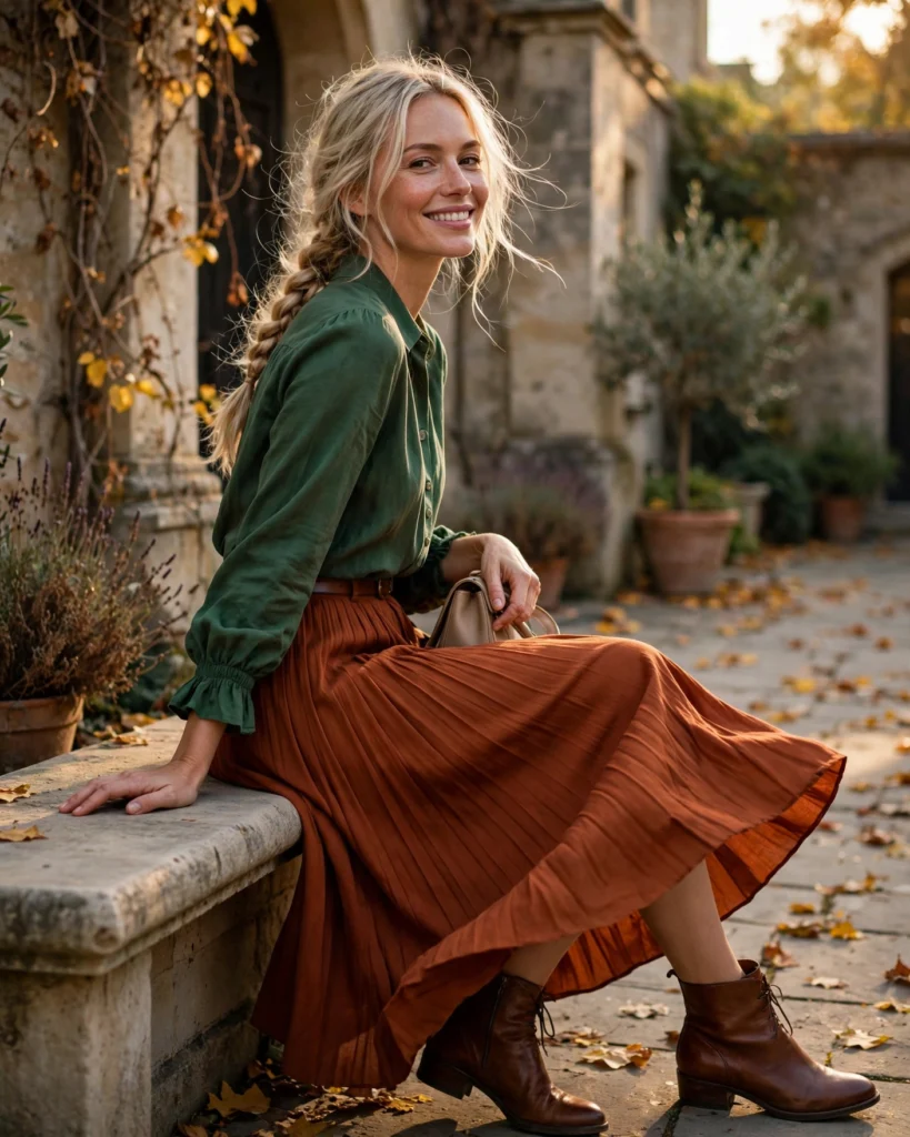 21 Nice Fall Outfits for 2026: Chic, Classy & Effortless Looks 15 Forest Green Blouse with a Rust Pleated Midi Skirt Nice Fall Outfit