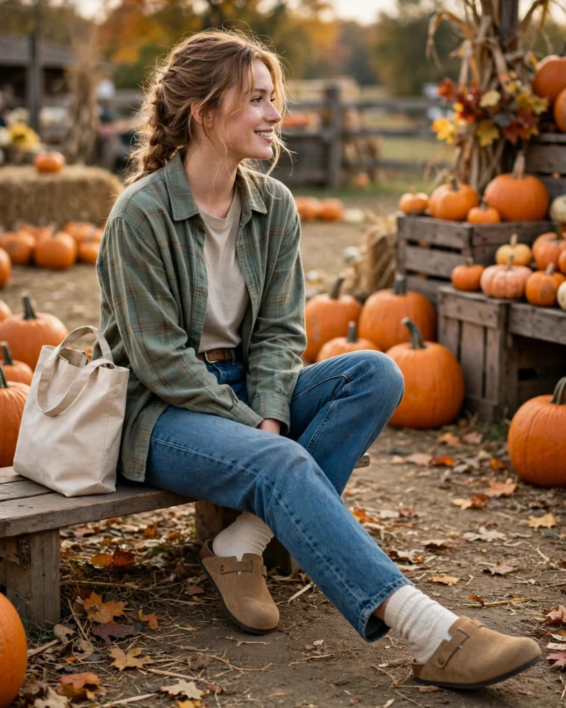 Jeans with a Flannel Shirt and Suede Clogs Pumpkin Patch Outfit with Jeans