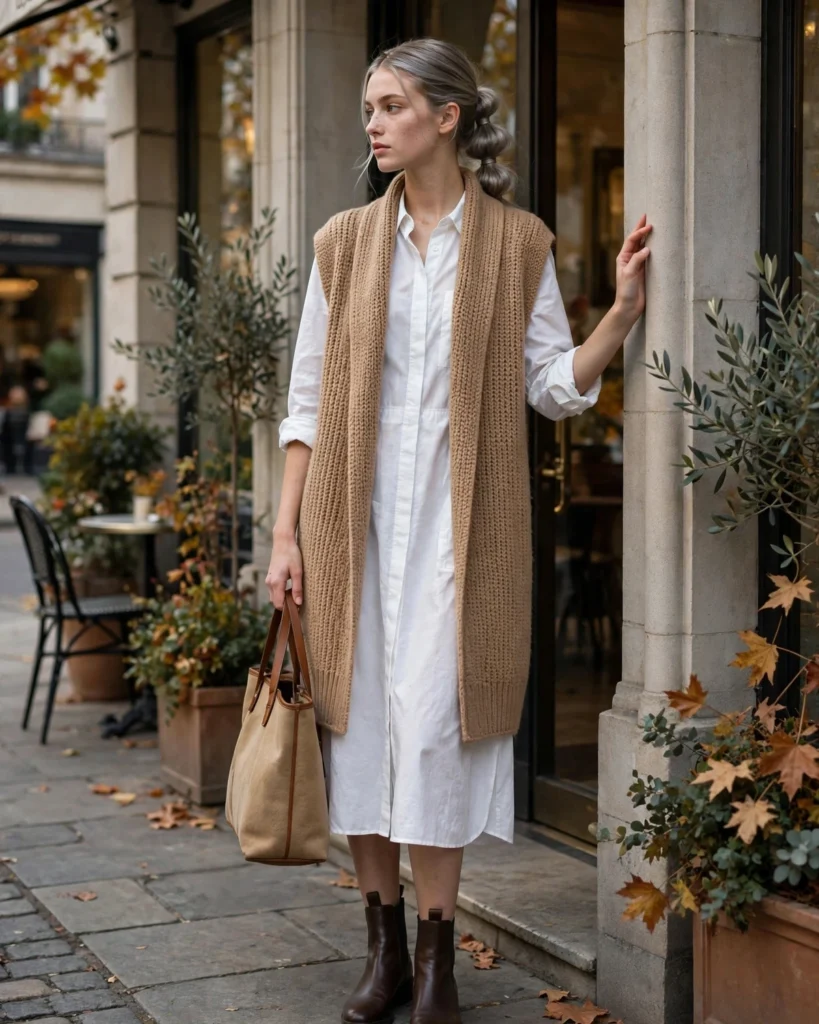 Longline Knit Vest with a Shirt Dress Fall Vest Outfit