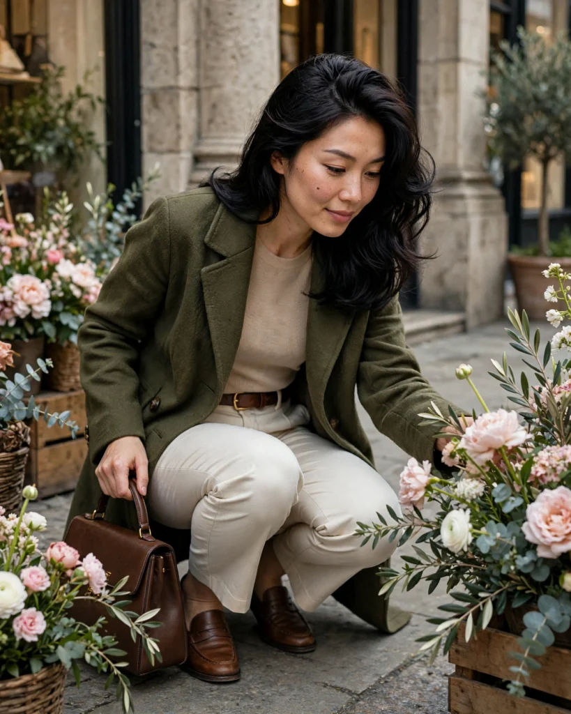 Olive Coat with Cream Trousers Fall Coat Outfit
