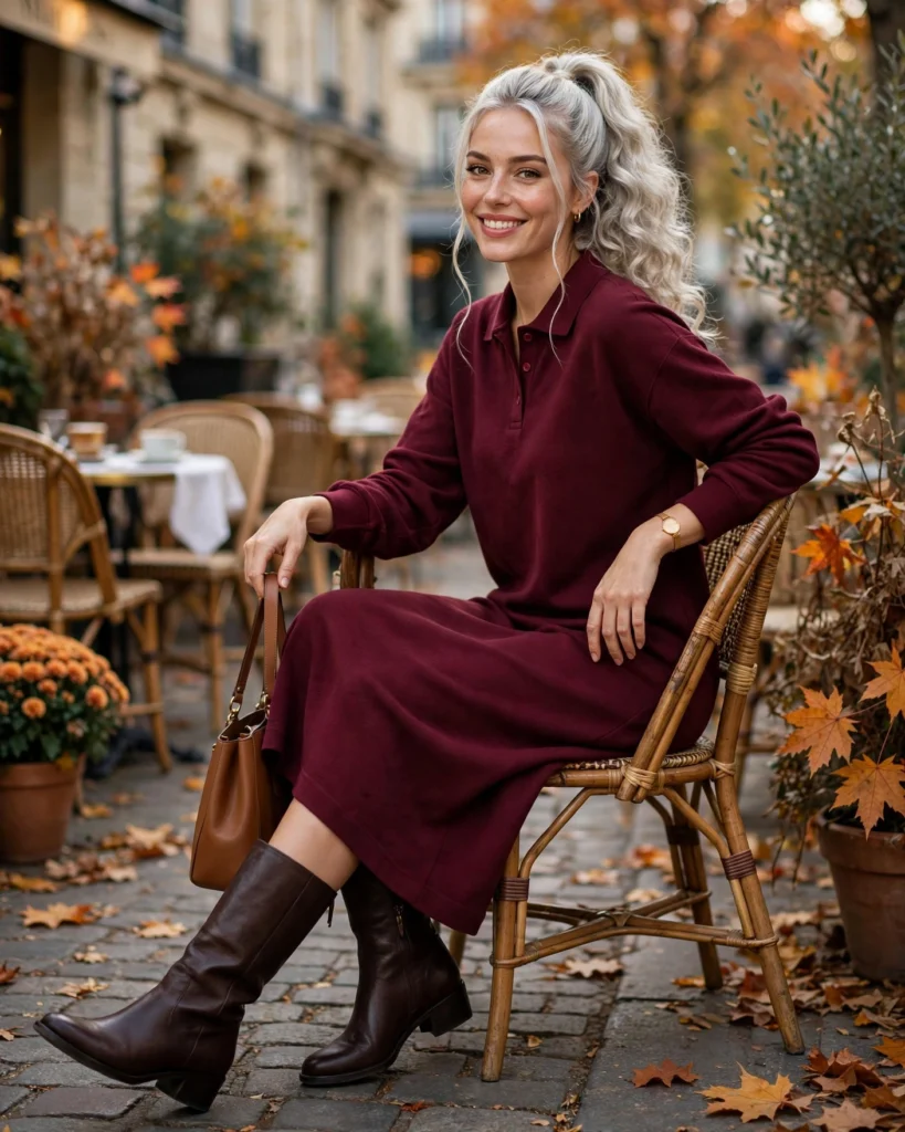 22 Modest Fall Outfits: Elegant and Chic Looks for Every Occasion 16 Long-Sleeved Polo Dress with Straight-Leg Boots Modest Fall Outfit