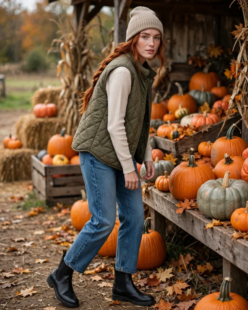 21 Pumpkin Patch Outfits with Black Boots: Cute & Chic Fall Looks 16 Quilted Vest with Jeans and Black Chelsea Boots Pumpkin Patch Outfit with Black Boots