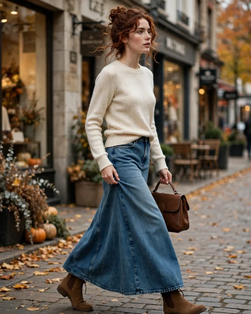 Sweater with a Denim Maxi Skirt Fall Sweater Outfit
