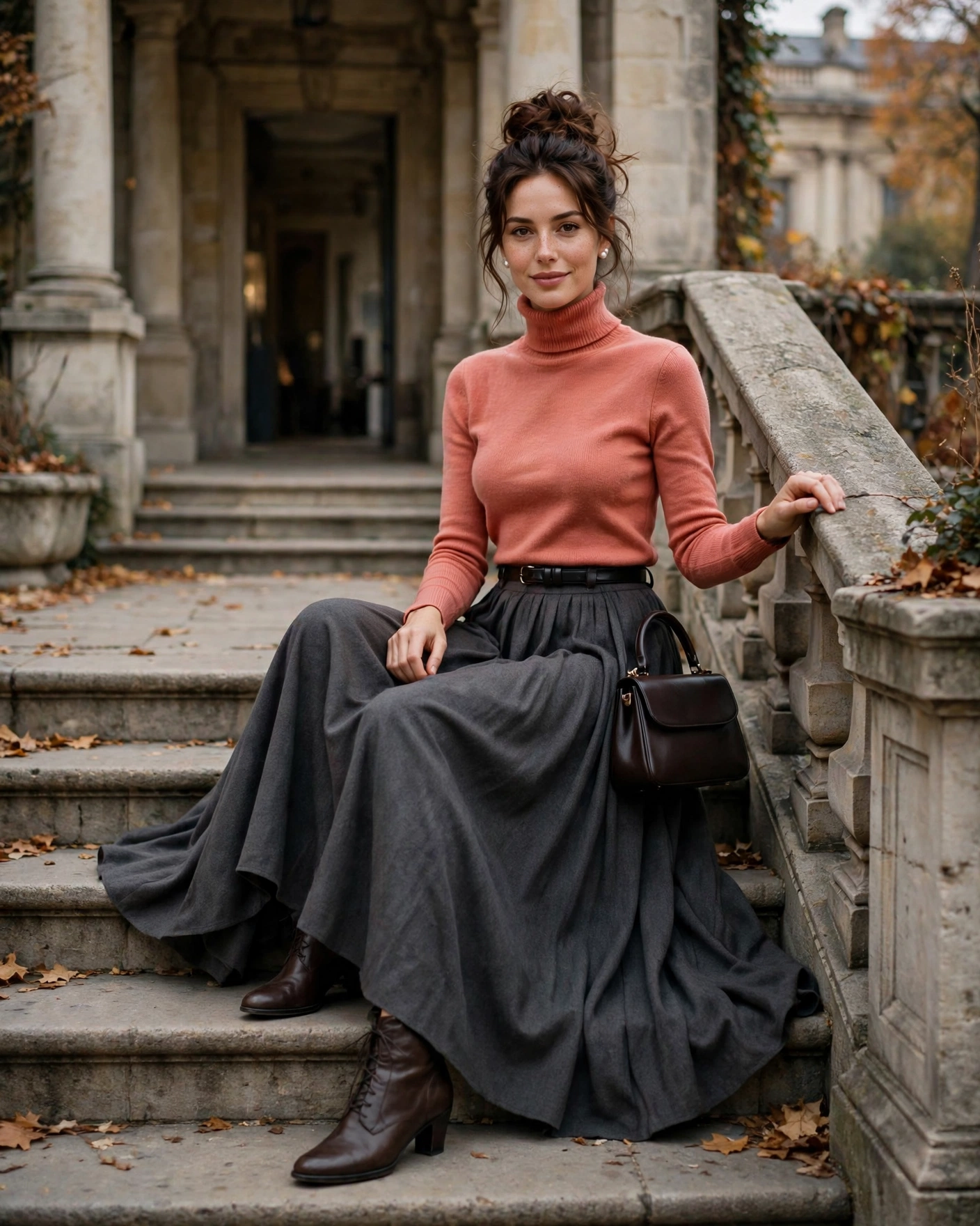 22 Classy Fall Outfits for Women: Elegant Looks to Wear This Season 16 Turtleneck with a Full Midi Skirt Classy Fall Outfit